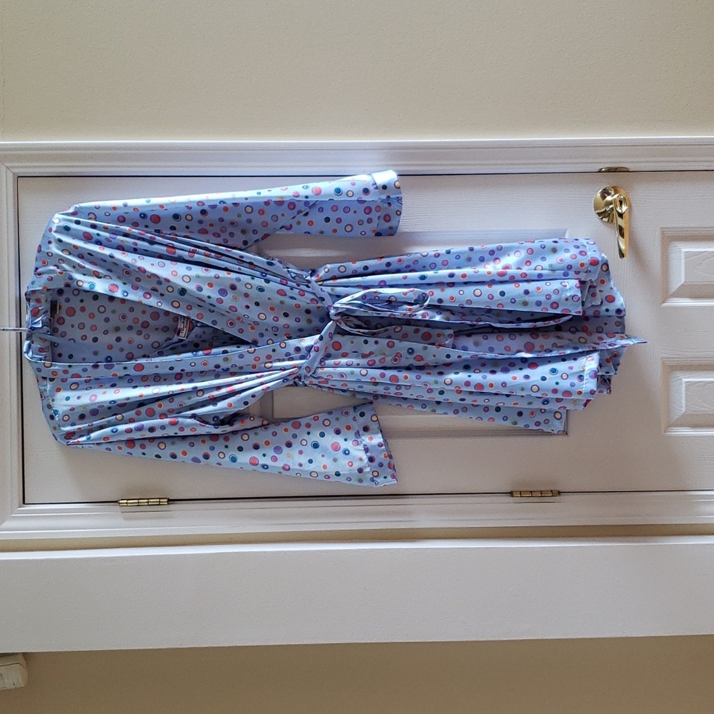 Chanteuse Silky Nightgown & Robe Set, Light Blue w/ Multi-Colored Polka Dots 1X